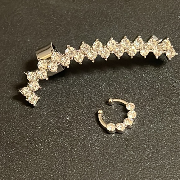 NWT Silver Plated Crystal Cubic Zoconia Ear Climber Cuff & Nose Ring Set - Picture 3 of 7